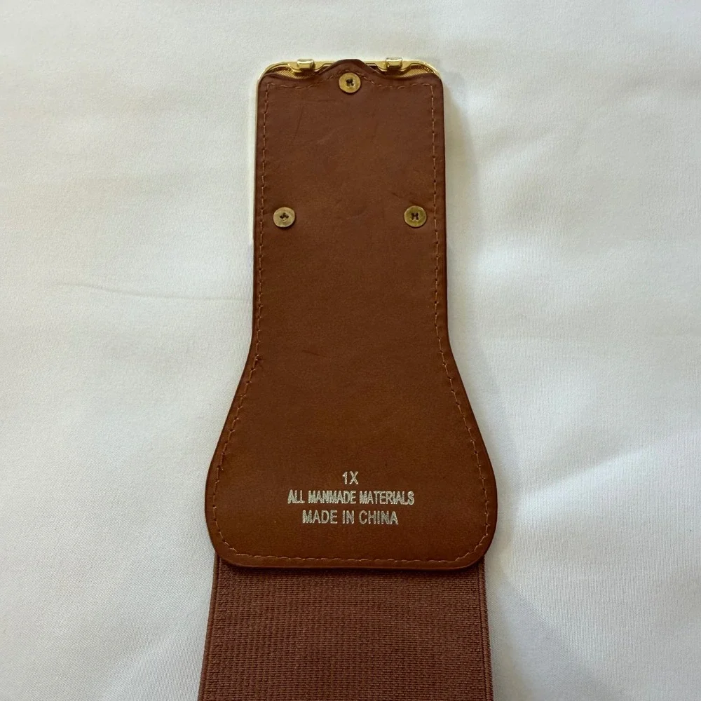 Brown Elastic Cinch Belt‎ Gold Interlocking Buckle Faux Croc Wide 1X